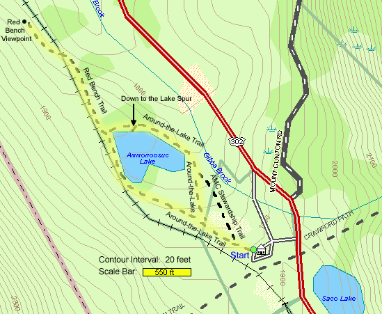 Map of hike route to Ammonoosuc Lake and Red Bench viewpoint (map by Webmaster)