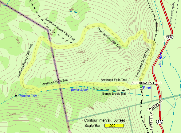 Map of hike route to Arethusa Falls and Frankenstein Cliffs (map by Webmaster)