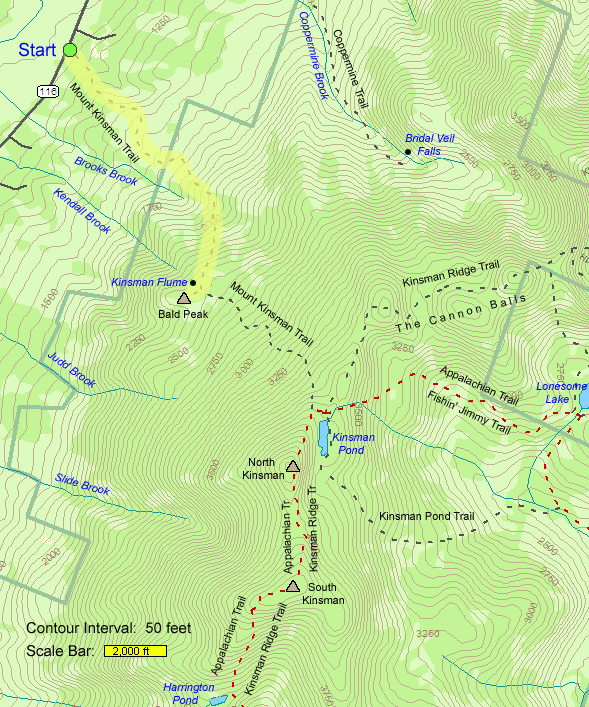 Trail map of hike route to Bald Peak on Mount Kinsman (map by Webmaster)
