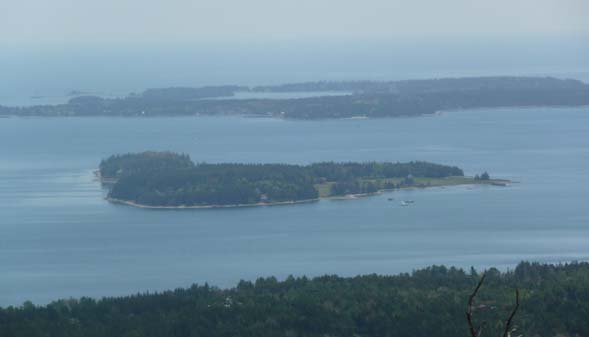Close-up of Greening Island (foreground) and Great Cranberry Island (background) from the summit of Beech Mountain (photo by Chip Lary)