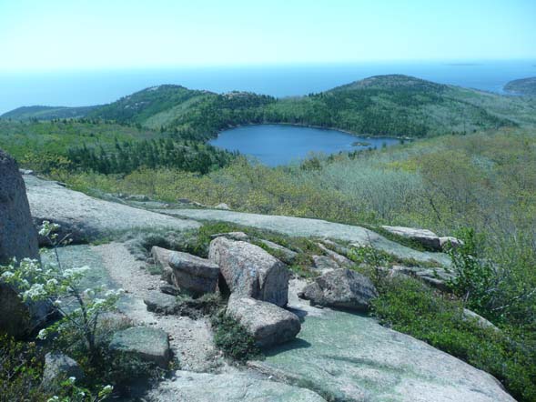 The Beehive (left) and Gorham Mtn. (right) behind The Bowl with the ocean in the background (photo by Chip Lary)