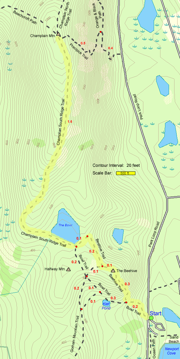 Trail map of hike route to Champlain Mountain and The Beehive (map by Webmaster)