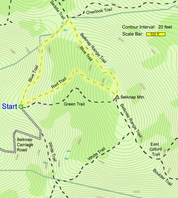 Trail map of hike route to Belknap Mountain in the Lakes Region of NH (map by Webmaster)