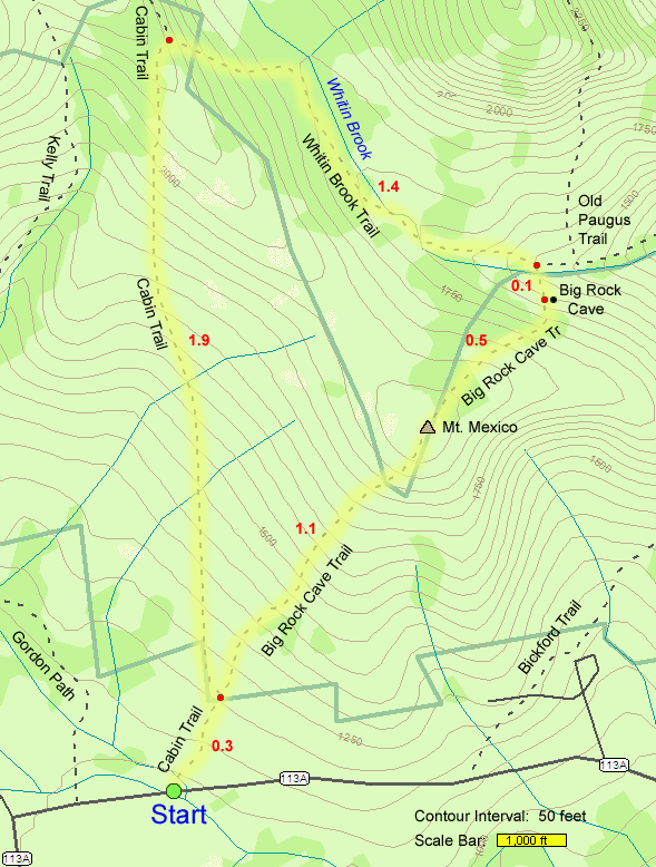 Trail map of hike route to Mt. Mexico and Big Rock Cave (map by Webmaster)