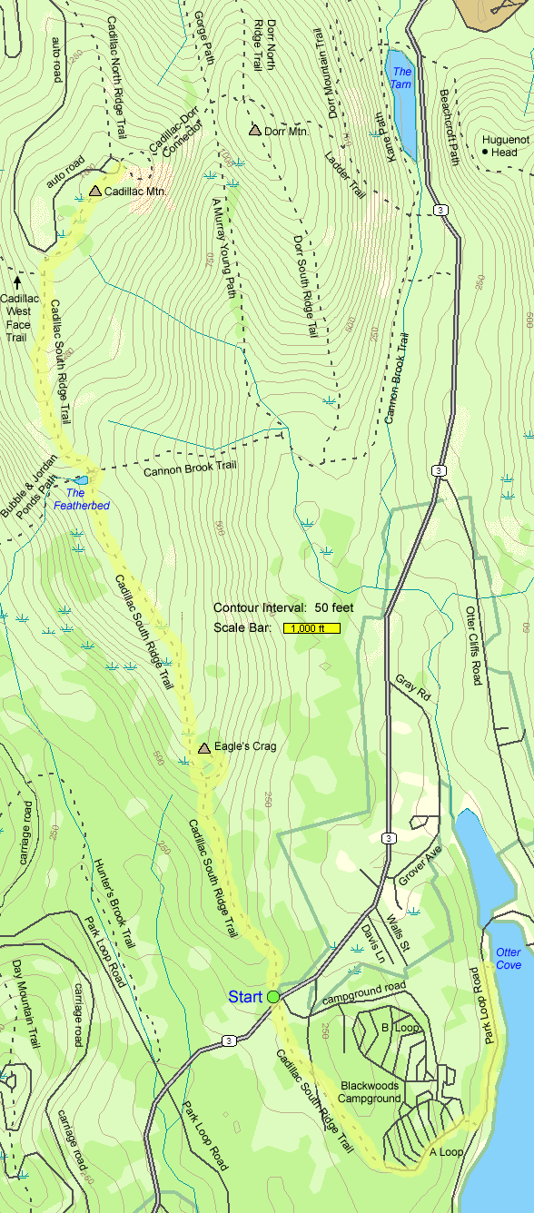 Trail map of hike route to Cadillac Mtn., Eagle's Crag, The Featherbed, and the ocean (map by Webmaster)