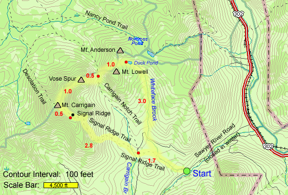 Trail map of hike route to Mt. Carrigain, Vose Spur, Duck Pond, and Whiteface Brook (map by Webmaster)
