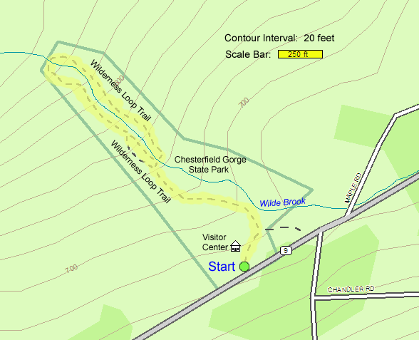 Trail map of hike route around Chesterfield Gorge (map by Webmaster)