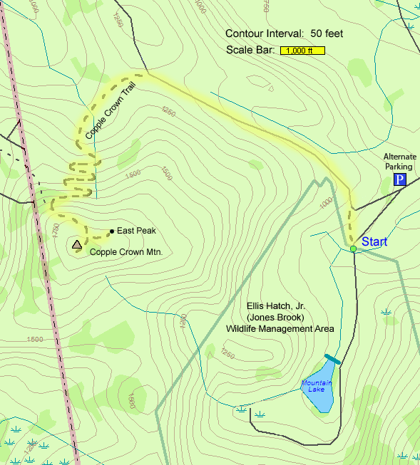 Trail map of hike route to Copple Crown Mountain and East Peak (map by Webmaster)