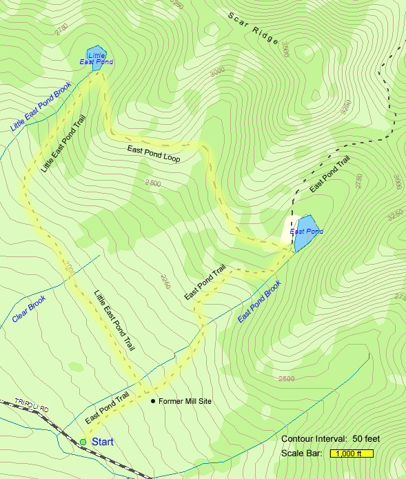 Trail map of hike route to Little East Pond and East Pond (map by Webmaster)