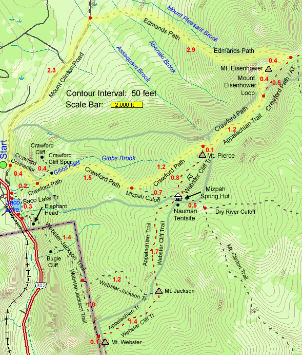 Map of hike route to Mt. Pierce and Mt. Eisenhower (map by Webmaster)