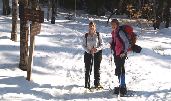 Patty and Kathy at the first trail junction with Paugus Link Trail (photo by Webmaster)