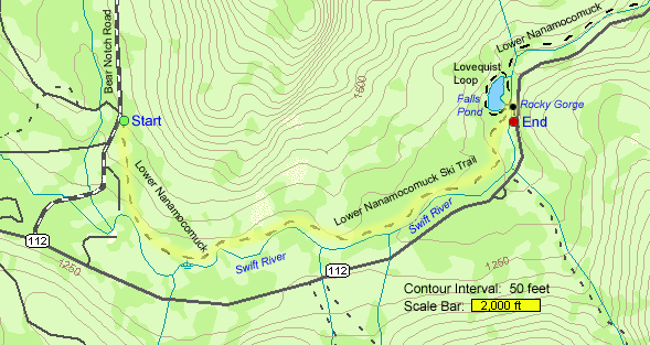Map of hike route along Swift River to Falls Pond (map by Webmaster)
