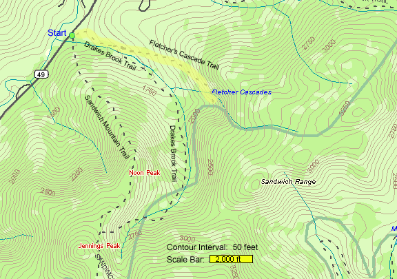 Map of hike route to Fletcher's Cascades (map by Webmaster)