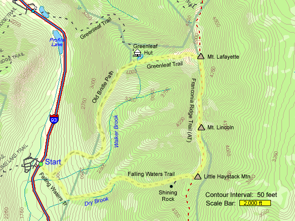 Map of hike route on Franconia Ridge to Little Haystack Mtn., Mt. Lincoln, and Mt. Lafayette (map by Webmaster)