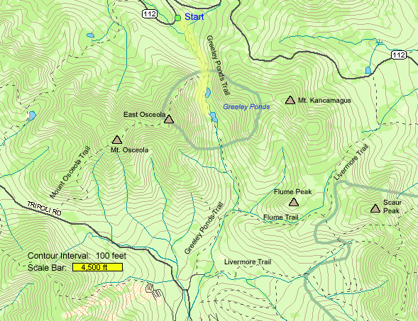 Map of hike route to Greeley Ponds (map by Webmaster)