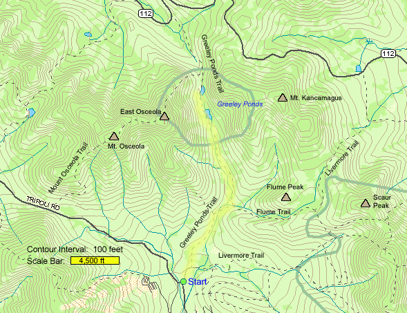 Map of hike route to Greeley Ponds (map by Webmaster)