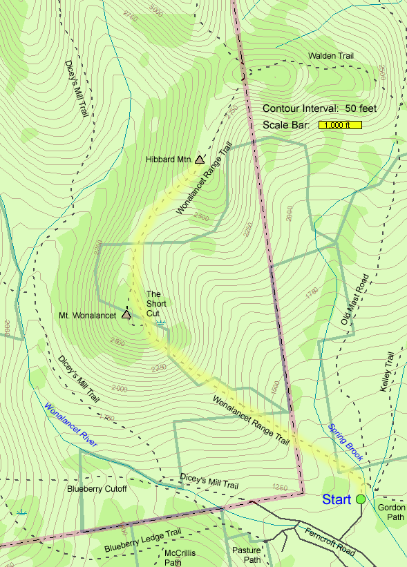 Trail map of hike route to Hibbard Mountain (map by Webmaster)