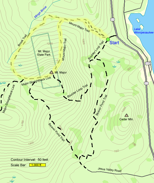 Trail map of hike route to Mount Major (map by Webmaster)