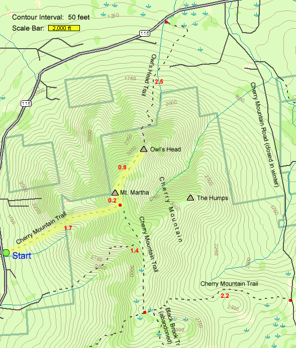 Trail map of hike route to Mt. Martha and Owl's Head on Cherry Mountain (map by Webmaster)