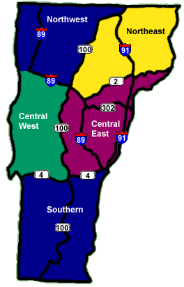 Map of Vermont regions and highways (map by Webmaster)