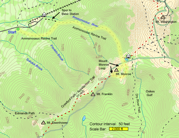 Map of hike route to Mt. Monroe and Little Monroe (map by Webmaster)