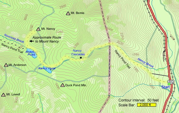 Trail map of hike route to Nancy Cascades, Nancy Pond, Norcross Pond, and Mount Nancy (map by Webmaster)