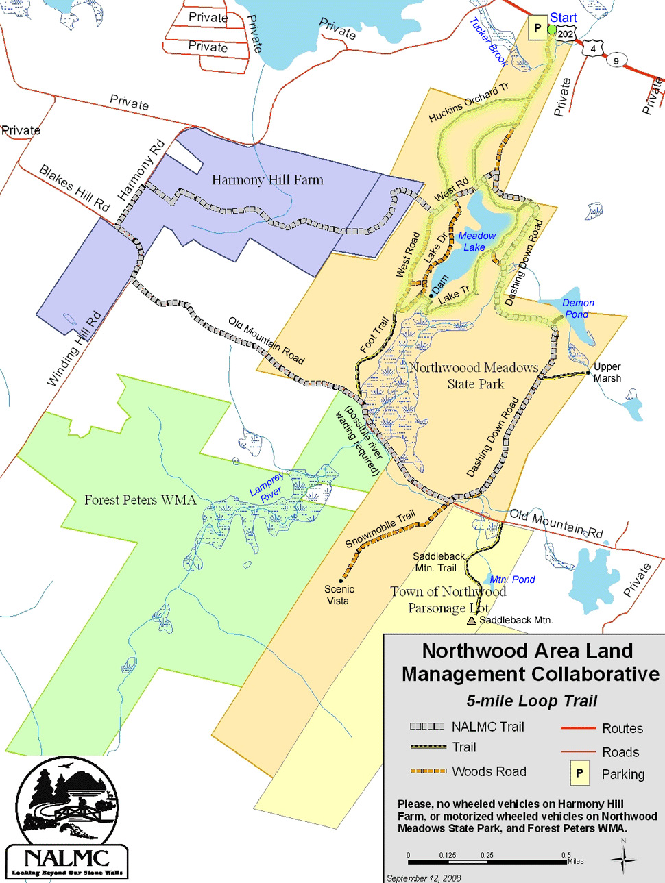 Trail map of hike route to Meadow Lake and Demon Pond at Northwood Meadows State Park (map courtesy of NH State Parks and Northwood Area Land Management Collaborative)