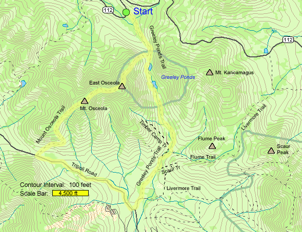Trail map of hike route to Greeley Ponds, Mt. Osceola, and Osceola East Peak (map by Webmaster)