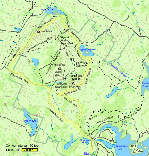 Map of hike route to North and South Mountains in Pawtuckaway State Park (map by Webmaster)