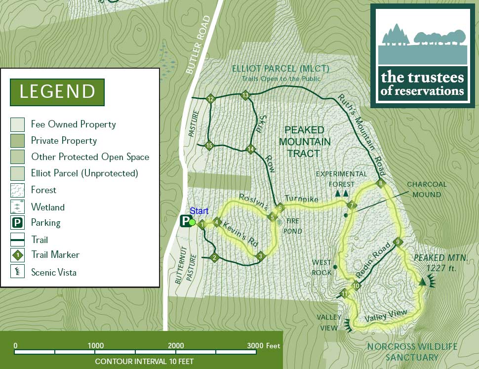 Trail map of hike route to Peaked Mtn. in Monson, MA (map courtesy of The Trustees of Reservations)