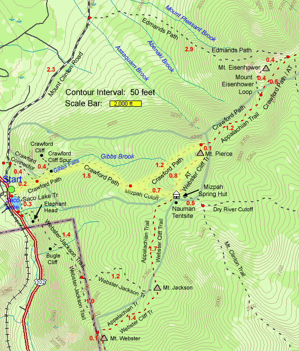 Trail map of hike route to Mt. Pierce and Mizpah Spring Hut (map by Webmaster)