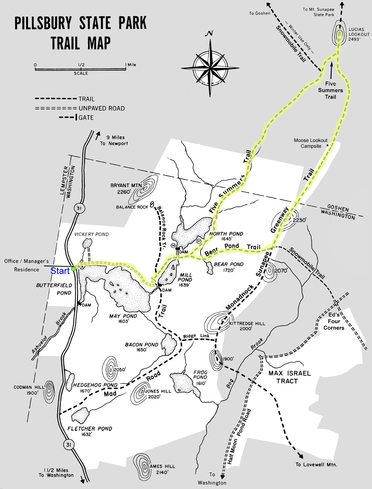 Trail map of hike route to Lucia's Lookout (map courtesy of Pillsbury State Park)