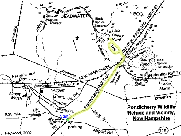 Map of hike route to Cherry Pond and Little Cherry Pond (map courtesy of J. Heywood)