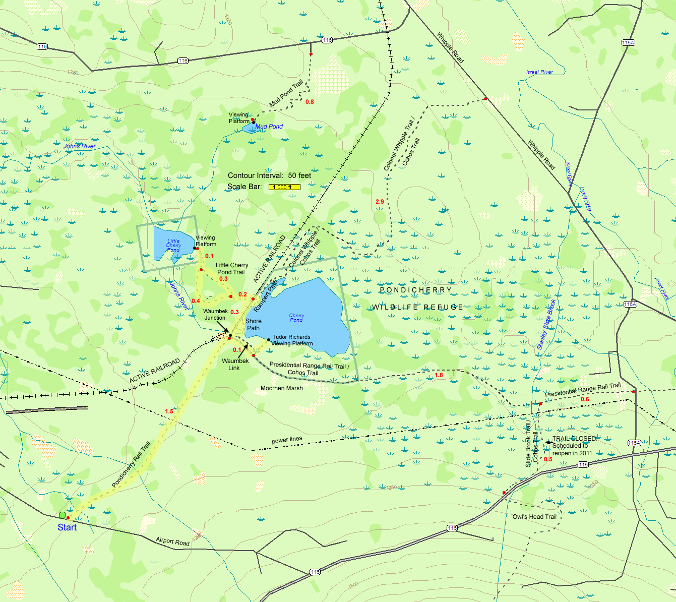 Trail map of hike route to Cherry Pond and Little Cherry Pond from Pondicherry Rail Trail (map by Webmaster)