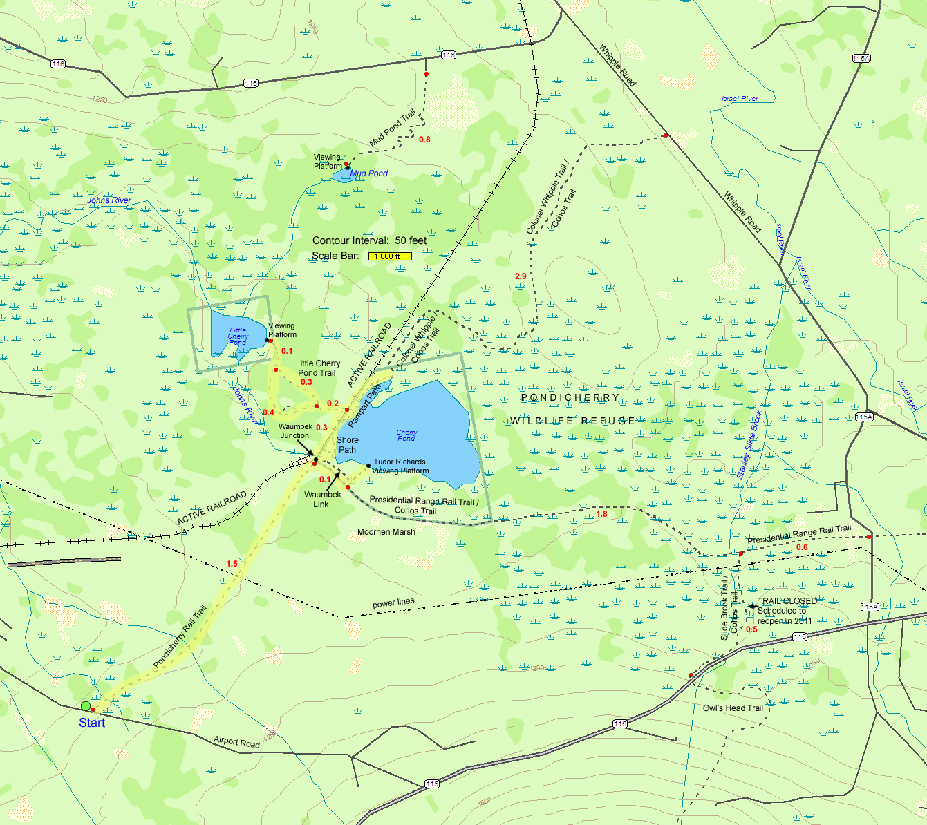 Trail map of hike route to Cherry Pond and Little Cherry Pond from Pondicherry Rail Trail (map by Webmaster)