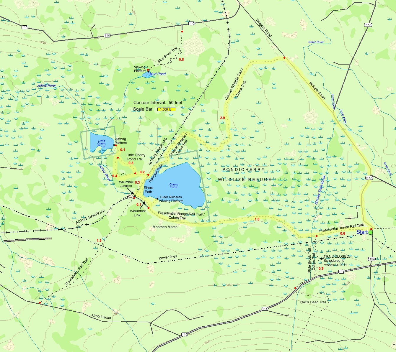 Trail map of hike route to Cherry Pond and Little Cherry Pond via Cohos Trail Loop (map by Webmaster)