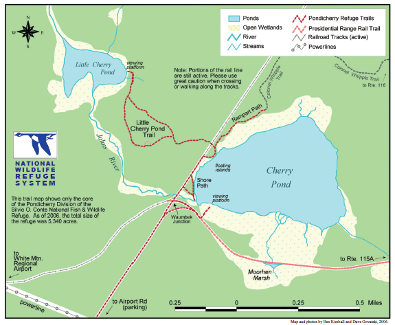 Trail map of hike route to Cherry Pond and Little Cherry Pond from Pondicherry Rail Trail (map by Ben Kimball for NH Natural Heritage Bureau)