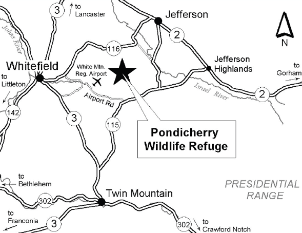 Locator map for Pondicherry Wildlife Refuge (map by Ben Kimball for NH Natural Heritage Bureau)