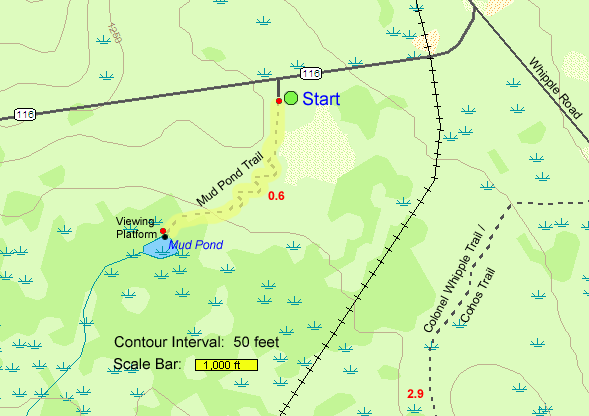 Trail map of hike route to Mud Pond at Pondicherry Wildlife Refuge (map by Webmaster)
