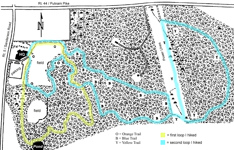 Map of hike route at Powder Mill Ledges Wildlife Refuge (map courtesy of Audubon Society of Rhode Island)