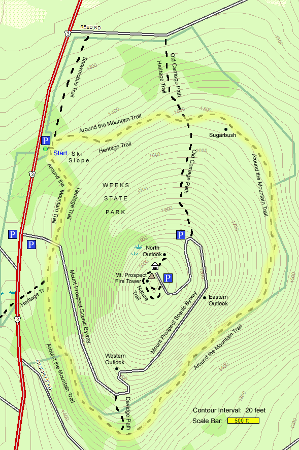Map of hike route on Mount Prospect (map by Webmaster)