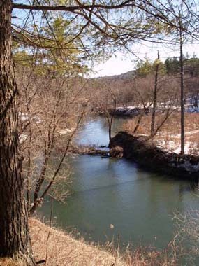 Ottauquechee River, downstream from the base of the gorge with island in middle(photo by Webmaster)