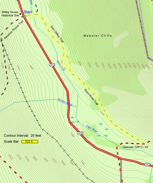 Map of hike route along Saco River (map by Webmaster)