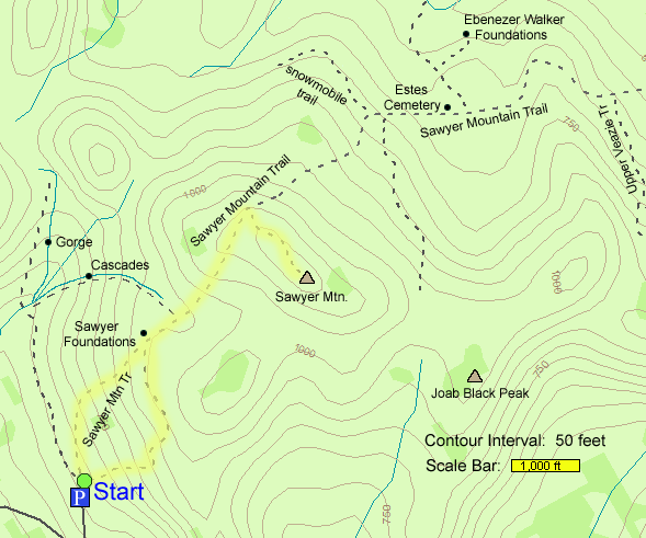 Trail map of hike route to Sawyer Mountain in Limerick and Limington Maine  (map by Webmaster)