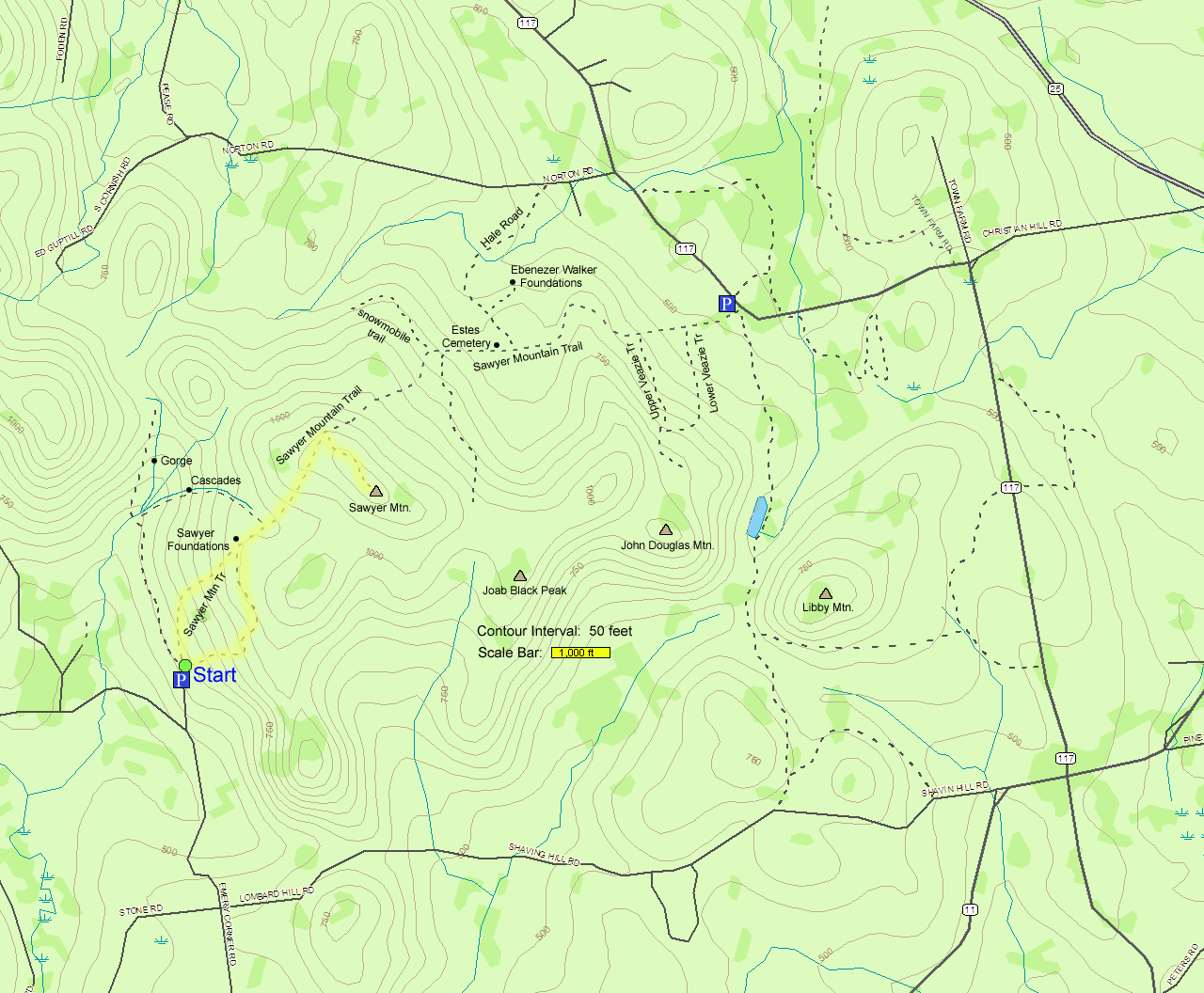 Trail map of hike route to Sawyer Mountain in Limerick and Limington Maine (map by Webmaster)
