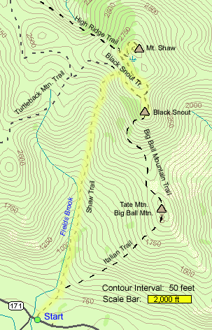 Map of hike route to Mount Shaw and Black Snout at Castle in the Clouds Estate (map by Webmaster)