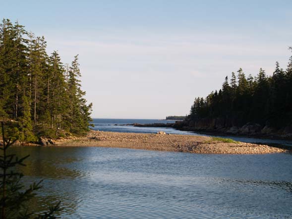 View of the gravel bar in Ship Harbor with the ocean farther out behind it (photo by Webmaster)