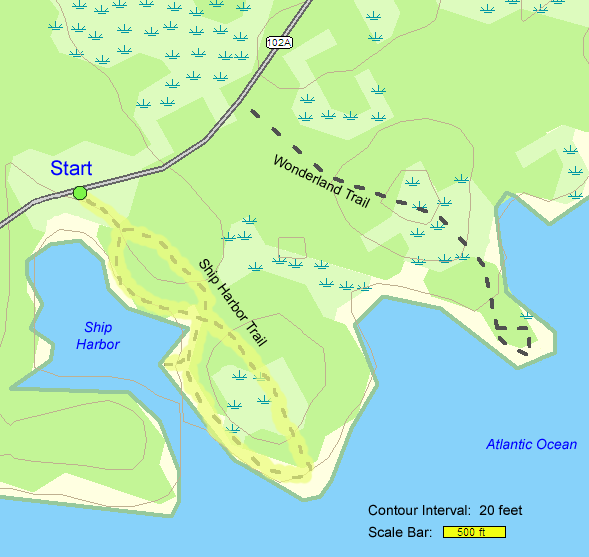Trail map of hike route to Ship Harbor (map by Webmaster)