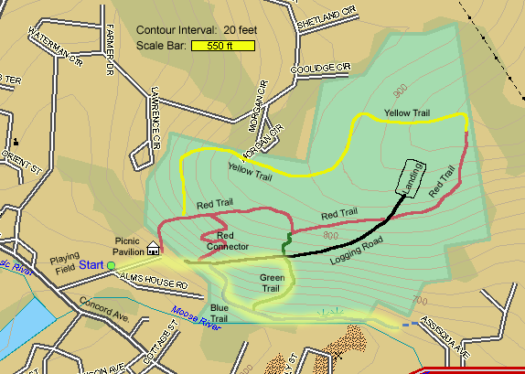 Trail map of hike route at St. Johnsbury Municipal Forest (map by Webmaster)