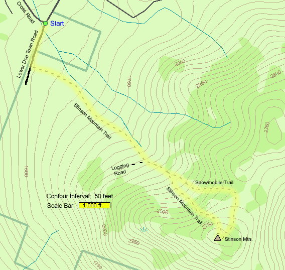 Map of hike route to Stinson Mountain (map by Webmaster)